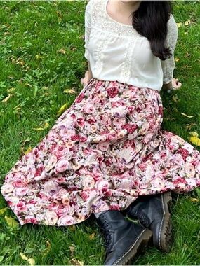 Vintage Herman Geist 100% Cotton Corduroy Floral A-line Midi Skirt with Pockets